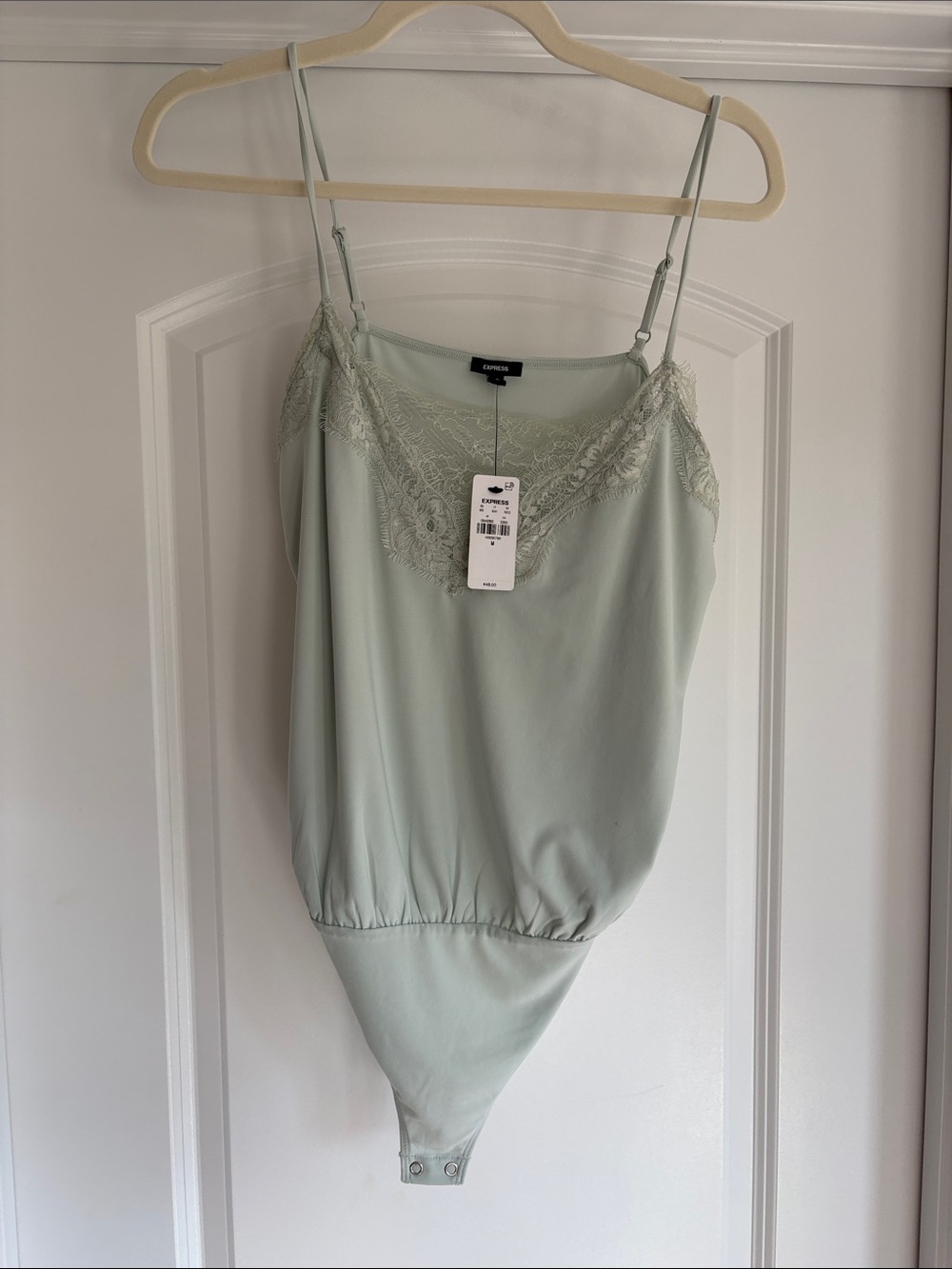 Express Lace-Trim Spaghetti Strap Bodysuit in Pale Mint